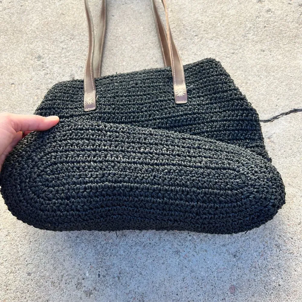 Vintage 90s St. John's Bay Sunburst Black Woven Natural Fiber Tote Medium Bag